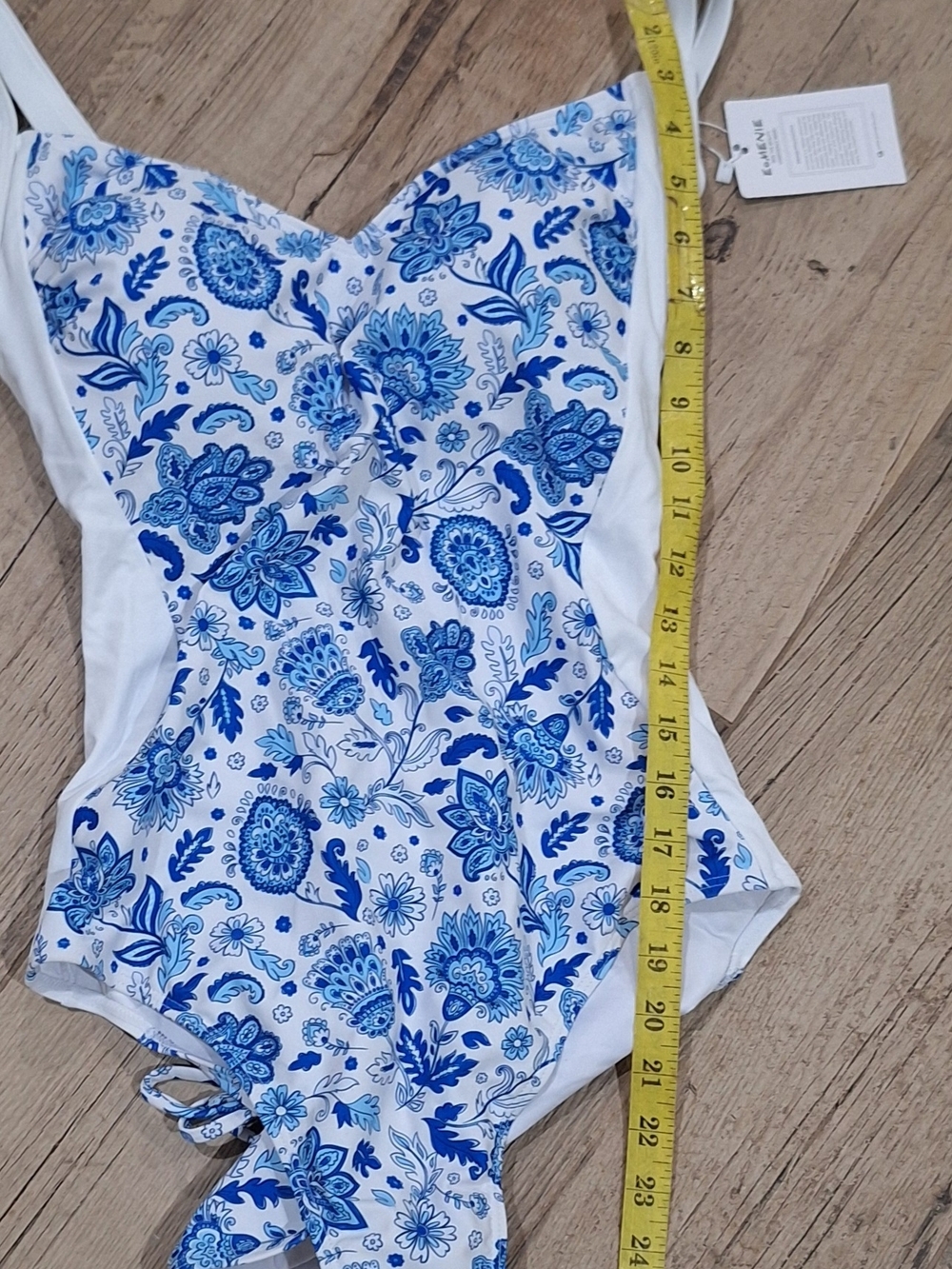 Eomenie Blue White Floral One Piece Swimsuit Criss Cross Back L NWT - Picture 7 of 7